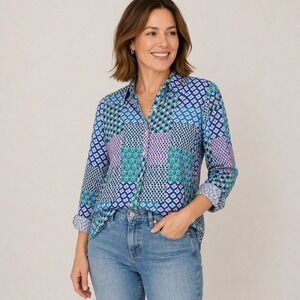 Talbots Floral Patchwork 100% Cotton Button Down Shirt Womens XL Boho Preppy